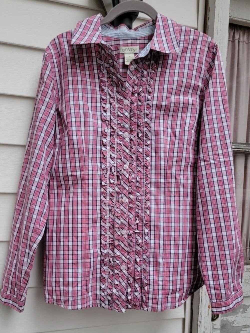 Orvis Pink Checkered Plaid Ruffle-Front Button-Down Women's Shirt 12 M L $69